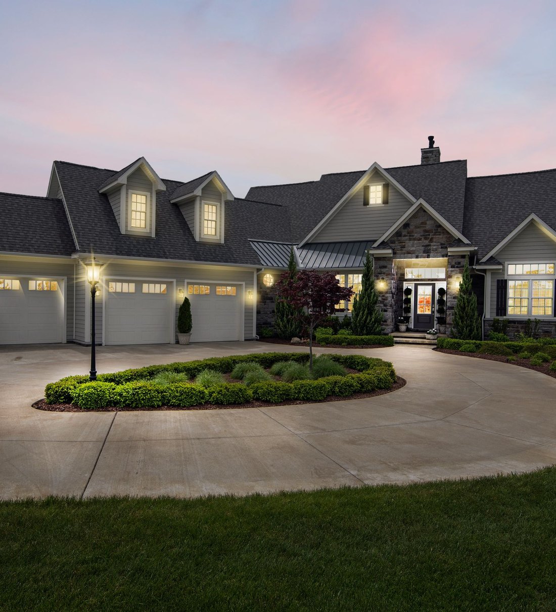 A luxury home at dusk